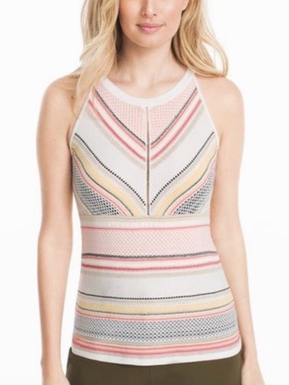 White House Black Market Striped Knit Halter Tank - Coral, Yellow, Ivory - Small